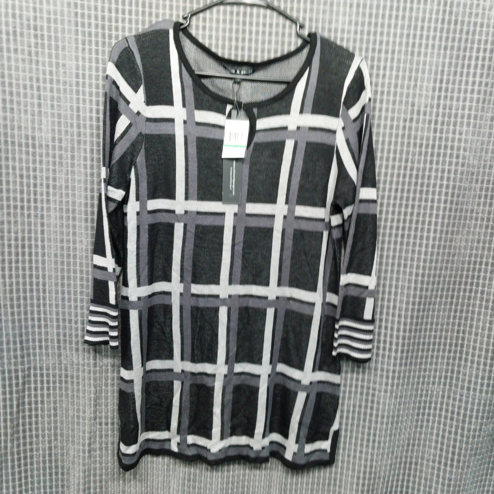 Cable & Gauge Tunic Sweater Women Keyhole Plaid Knit L Black White